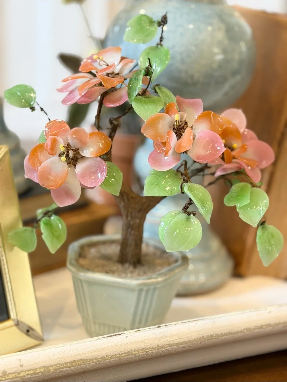 Vintage Asian Cherry Blossom Bonsai Tree. Glass Jade Leaves. 1970’s Unique